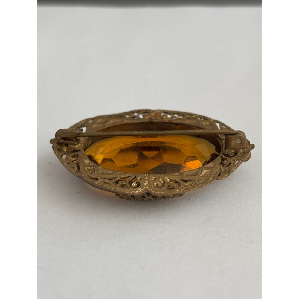 Vintage Antique Citrine Glass Brooch Filigree - Picture 5 of 6
